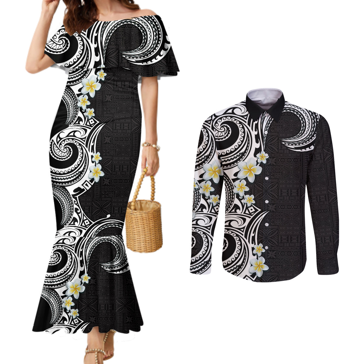 Aloha Polynesian Plumeria Flower Couples Matching Mermaid Dress and Long Sleeve Button Shirt Black White Color