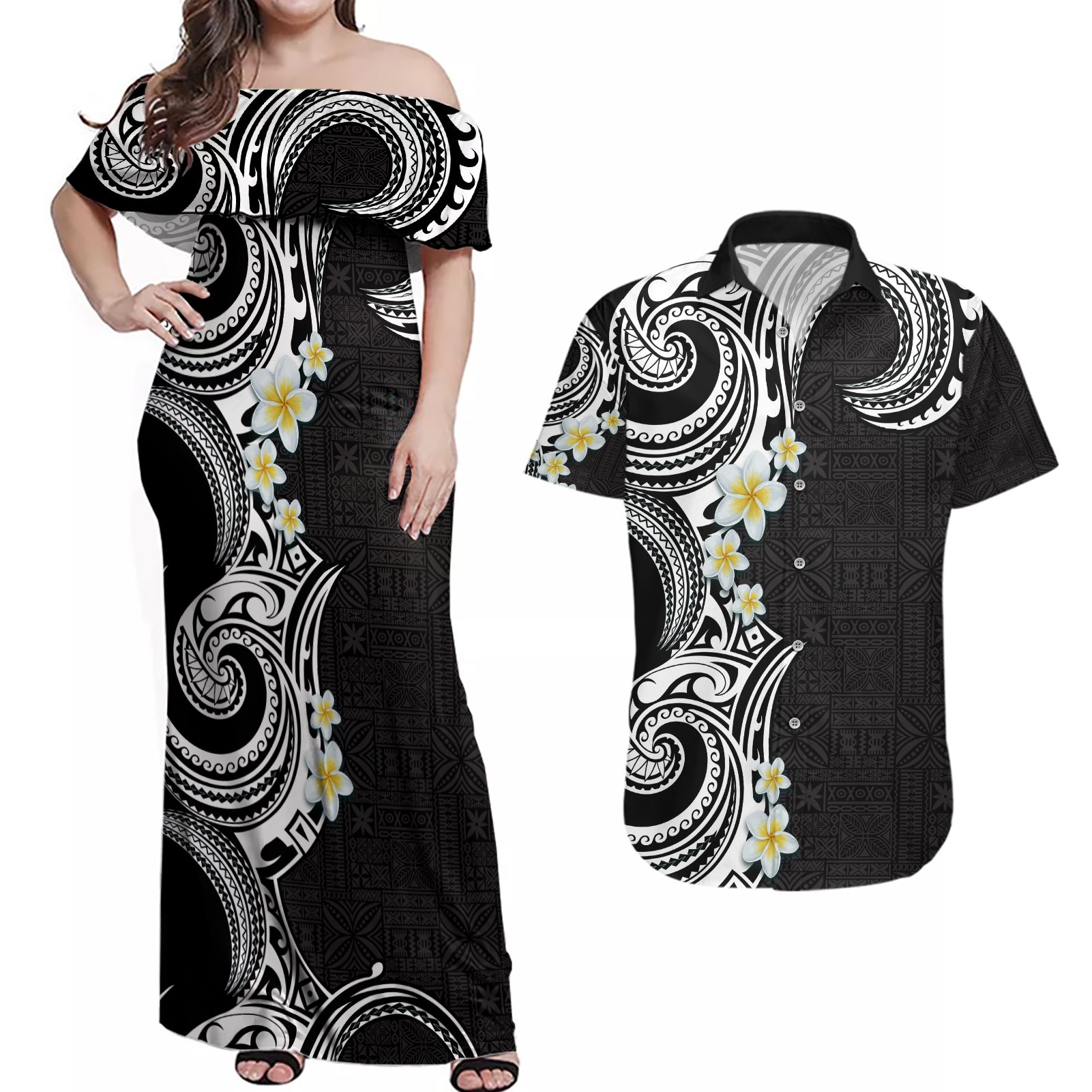 Aloha Polynesian Plumeria Flower Couples Matching Off Shoulder Maxi Dress and Hawaiian Shirt Black White Color