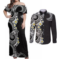 Aloha Polynesian Plumeria Flower Couples Matching Off Shoulder Maxi Dress and Long Sleeve Button Shirt Black White Color