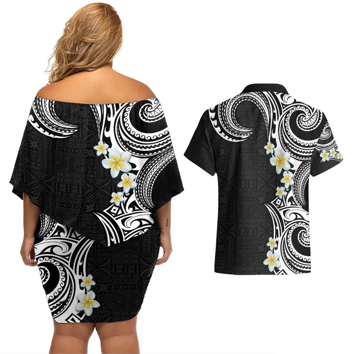 Aloha Polynesian Plumeria Flower Couples Matching Off Shoulder Short Dress and Hawaiian Shirt Black White Color