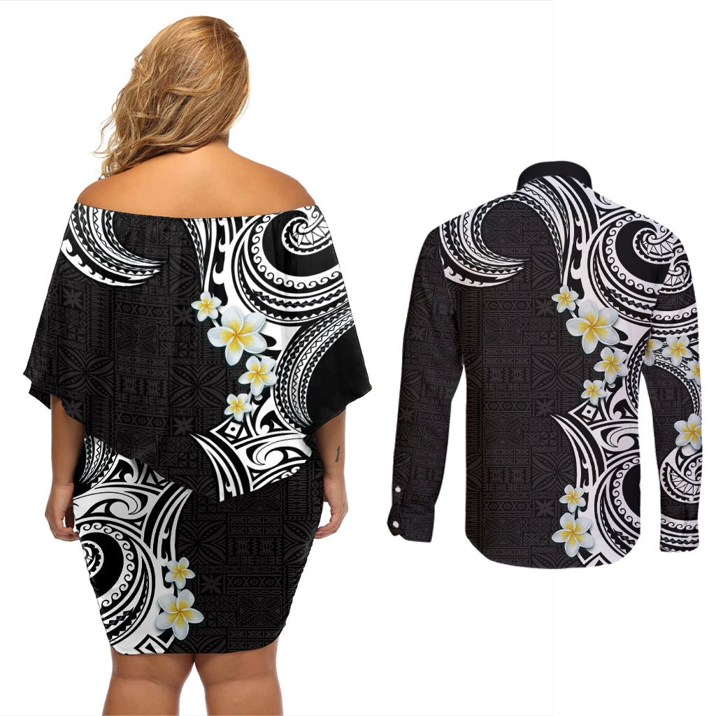 Aloha Polynesian Plumeria Flower Couples Matching Off Shoulder Short Dress and Long Sleeve Button Shirt Black White Color