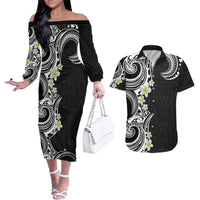 Aloha Polynesian Plumeria Flower Couples Matching Off The Shoulder Long Sleeve Dress and Hawaiian Shirt Black White Color