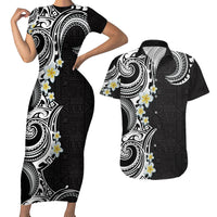 Aloha Polynesian Plumeria Flower Couples Matching Short Sleeve Bodycon Dress and Hawaiian Shirt Black White Color LT03 Black - Polynesian Pride