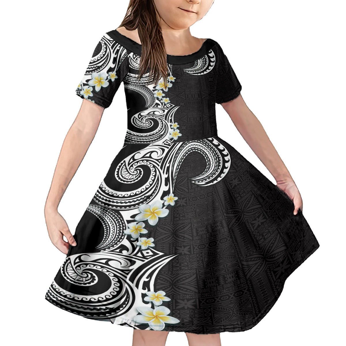 Aloha Polynesian Plumeria Flower Family Matching Long Sleeve Bodycon Dress and Hawaiian Shirt Black White Color LT03 Daughter's Dress Black - Polynesian Pride