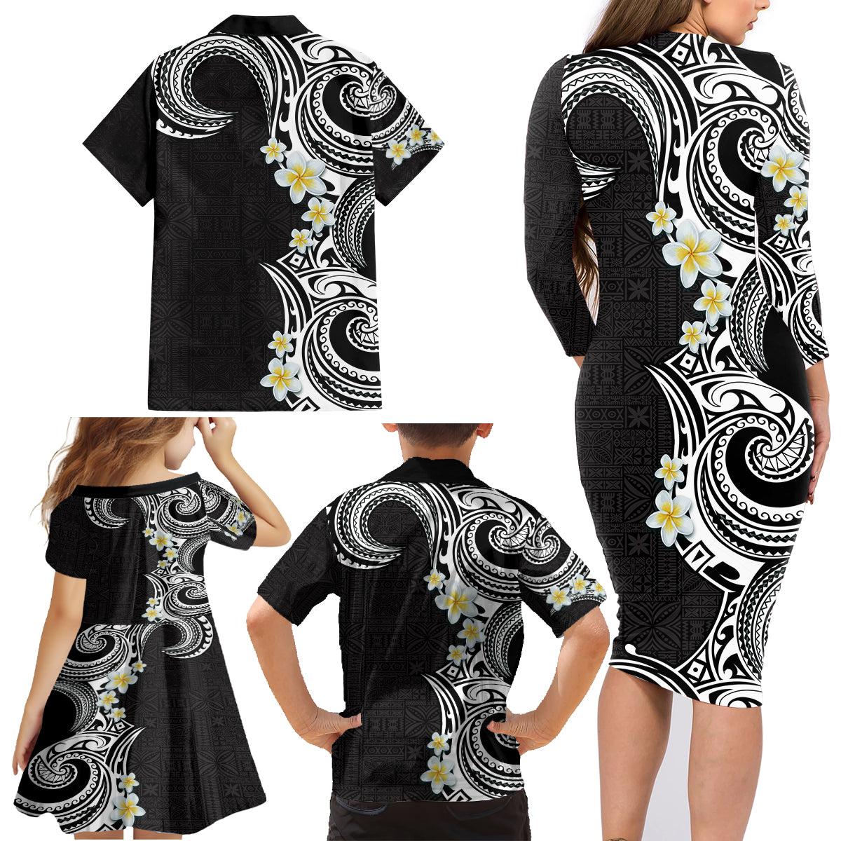 Aloha Polynesian Plumeria Flower Family Matching Long Sleeve Bodycon Dress and Hawaiian Shirt Black White Color LT03 - Polynesian Pride