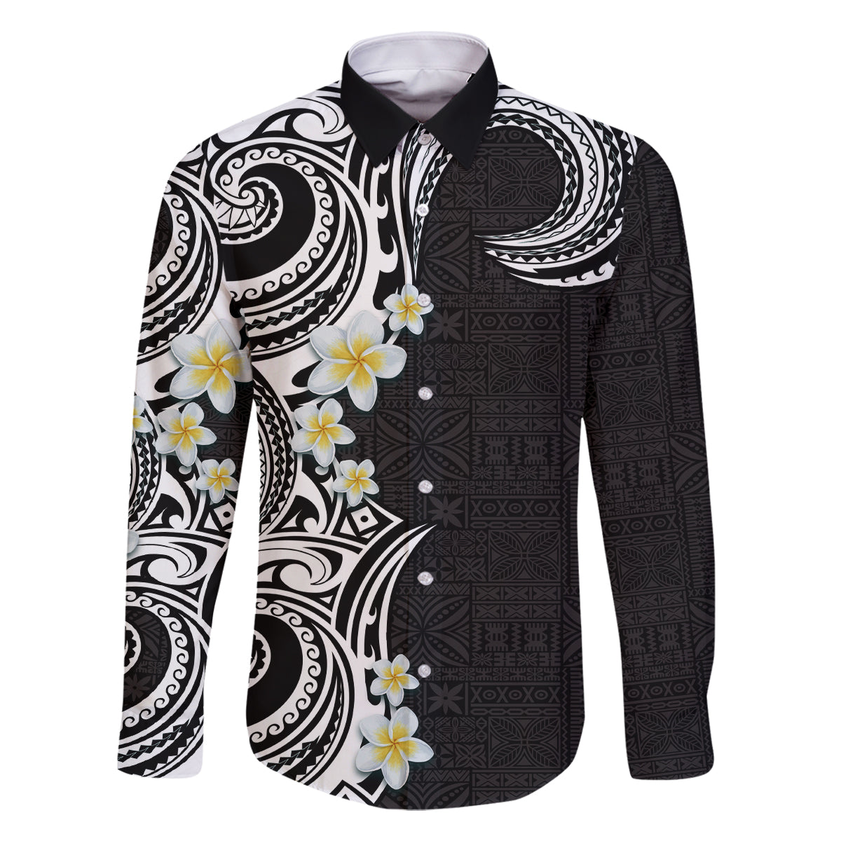 Aloha Polynesian Plumeria Flower Family Matching Long Sleeve Bodycon Dress and Hawaiian Shirt Black White Color LT03 Dad's Shirt - Long Sleeve Black - Polynesian Pride