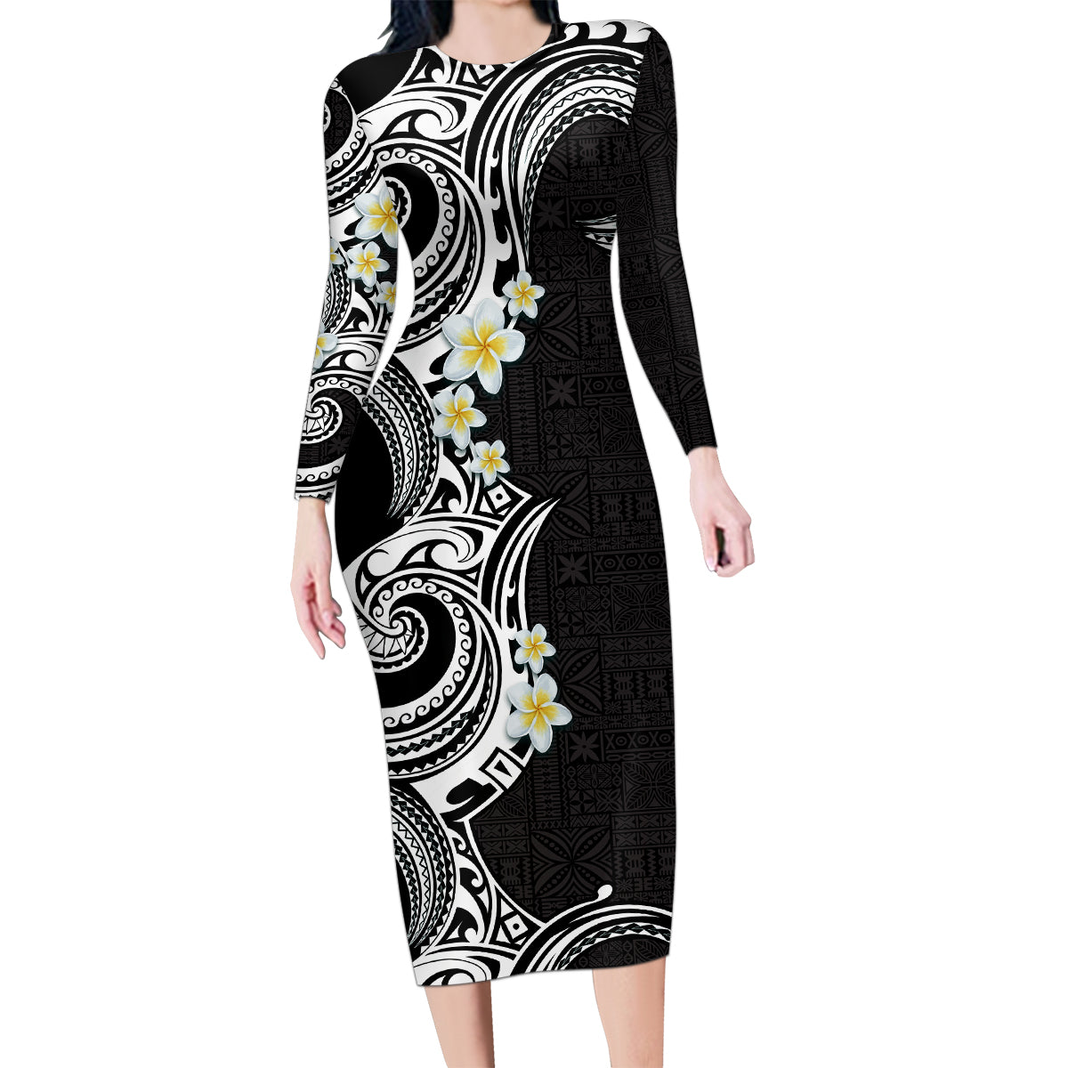 Aloha Polynesian Plumeria Flower Family Matching Long Sleeve Bodycon Dress and Hawaiian Shirt Black White Color LT03 Mom's Dress Black - Polynesian Pride