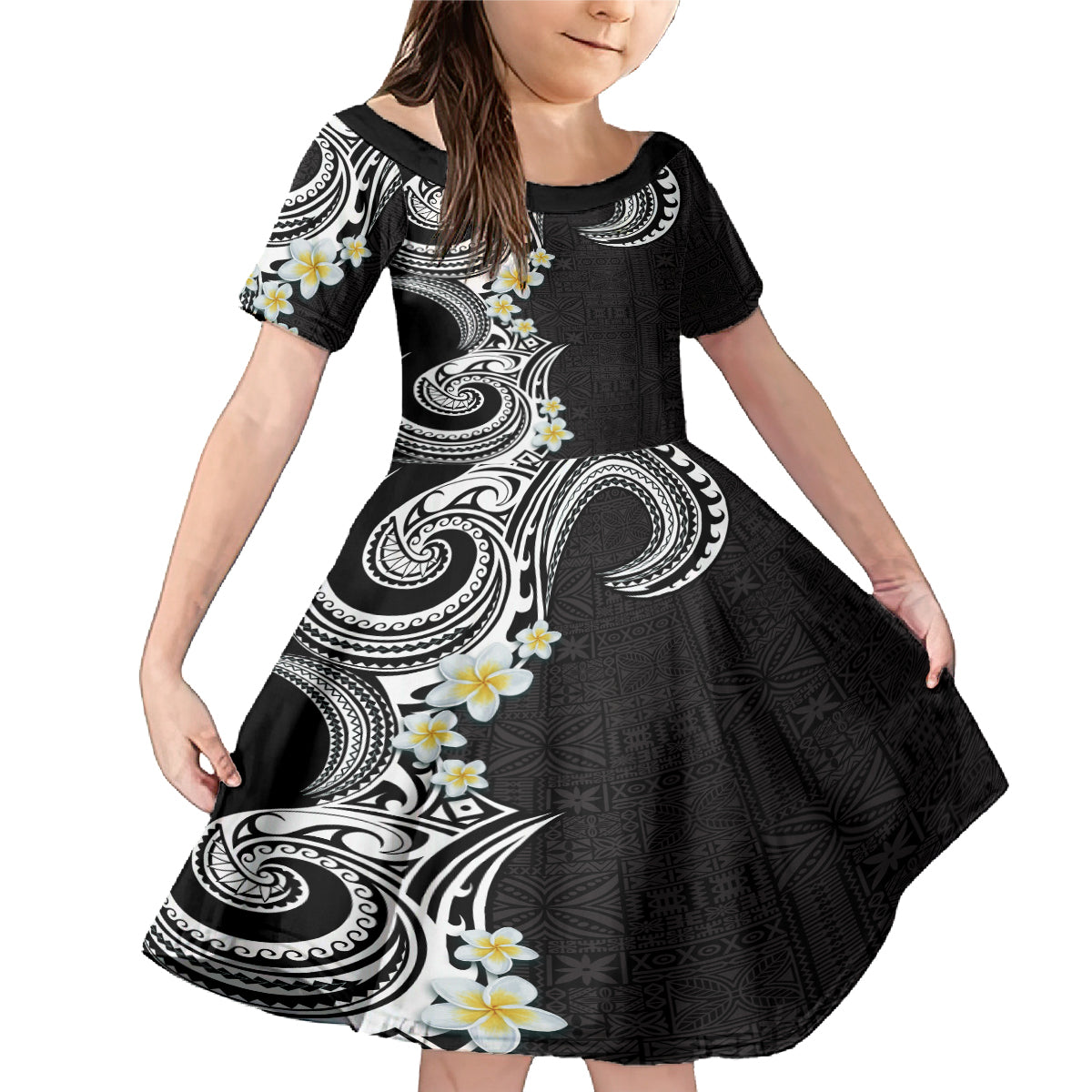 Aloha Polynesian Plumeria Flower Family Matching Mermaid Dress and Hawaiian Shirt Black White Color LT03 Daughter's Dress Black - Polynesian Pride