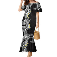 Aloha Polynesian Plumeria Flower Family Matching Mermaid Dress and Hawaiian Shirt Black White Color LT03 Mom's Dress Black - Polynesian Pride