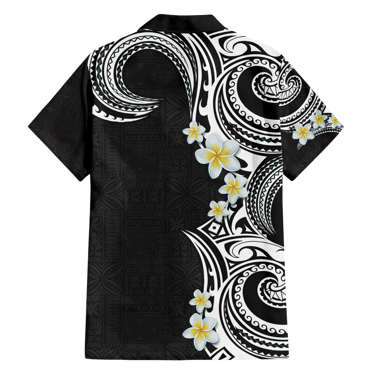 Aloha Polynesian Plumeria Flower Family Matching Off The Shoulder Long Sleeve Dress and Hawaiian Shirt Black White Color