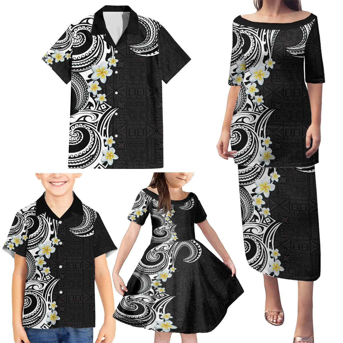 Aloha Polynesian Plumeria Flower Family Matching Puletasi and Hawaiian Shirt Black White Color LT03 - Polynesian Pride