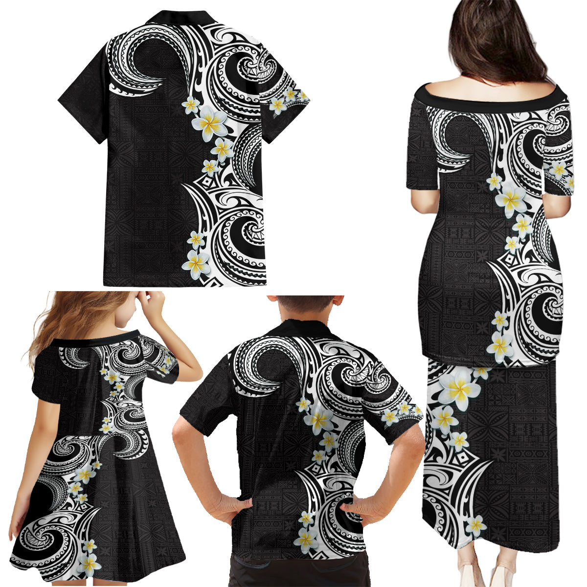Aloha Polynesian Plumeria Flower Family Matching Puletasi and Hawaiian Shirt Black White Color LT03 - Polynesian Pride