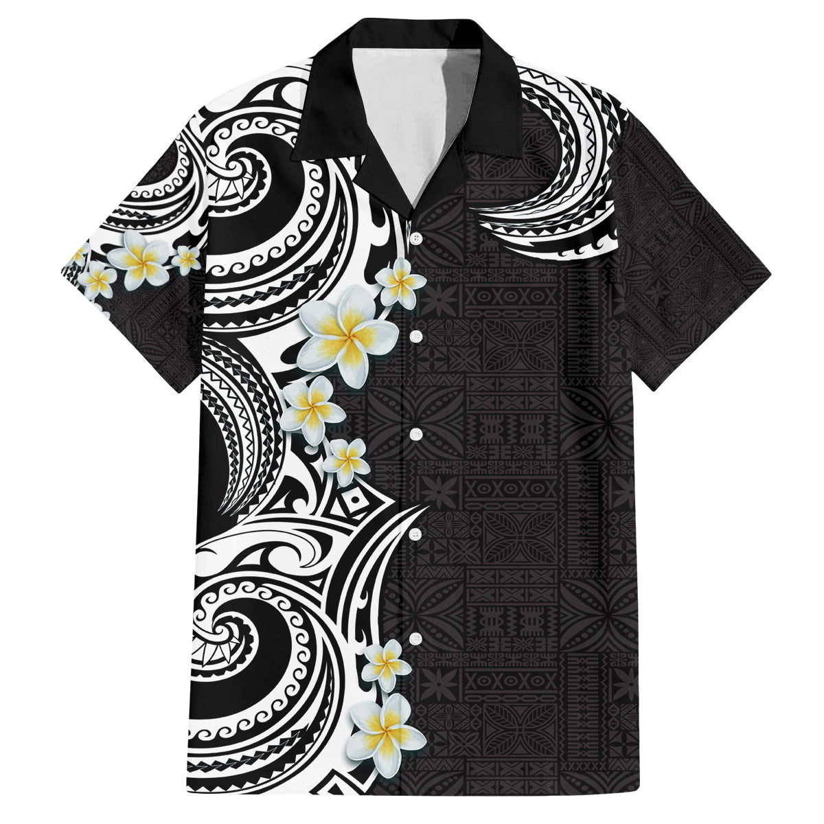 Aloha Polynesian Plumeria Flower Family Matching Puletasi and Hawaiian Shirt Black White Color LT03 Dad's Shirt - Short Sleeve Black - Polynesian Pride