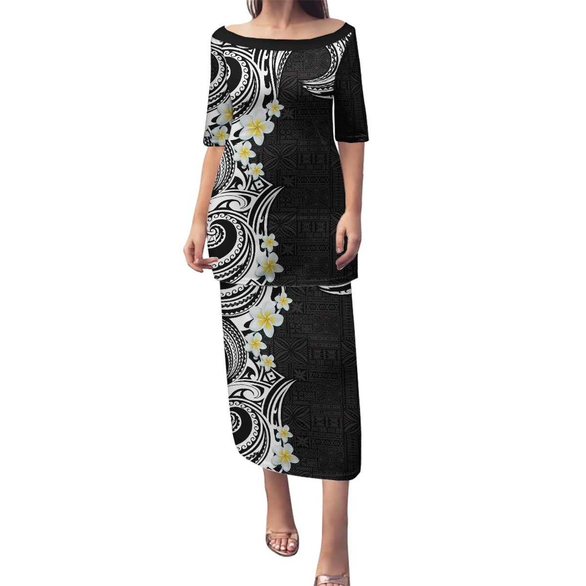 Aloha Polynesian Plumeria Flower Family Matching Puletasi and Hawaiian Shirt Black White Color LT03 Mom's Dress Black - Polynesian Pride