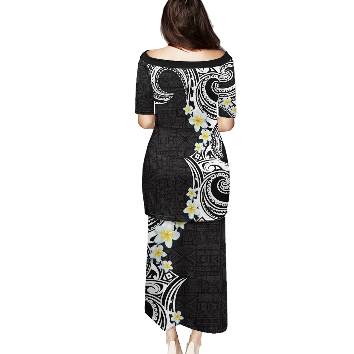 Aloha Polynesian Plumeria Flower Family Matching Puletasi and Hawaiian Shirt Black White Color LT03 - Polynesian Pride