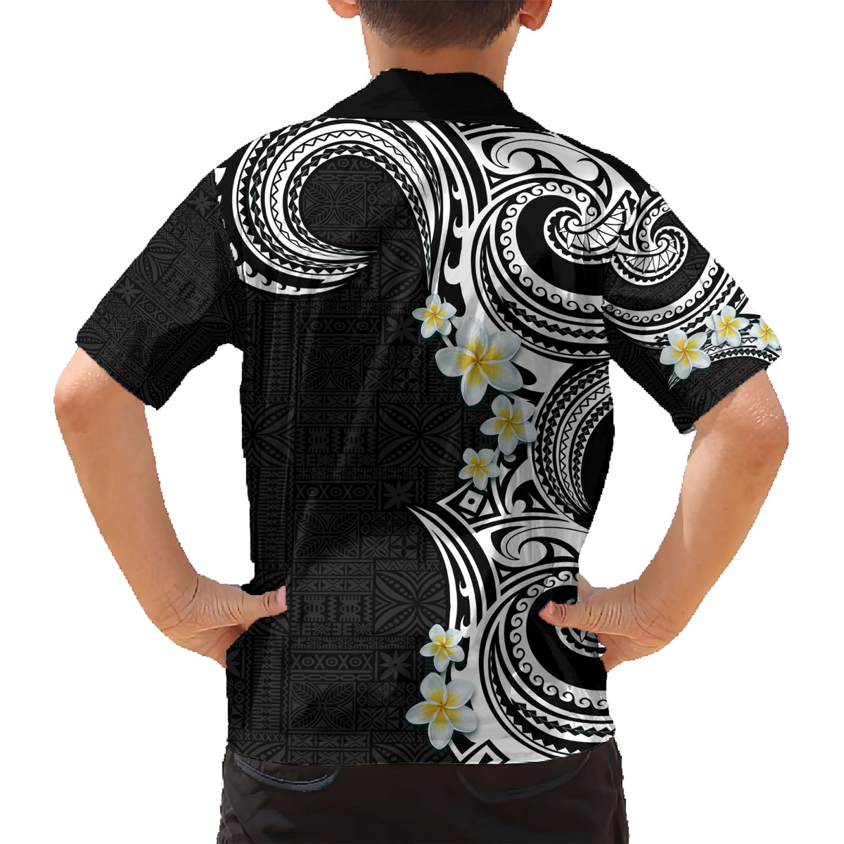 Aloha Polynesian Plumeria Flower Family Matching Short Sleeve Bodycon Dress and Hawaiian Shirt Black White Color LT03 - Polynesian Pride