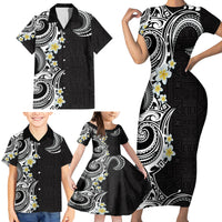 Aloha Polynesian Plumeria Flower Family Matching Short Sleeve Bodycon Dress and Hawaiian Shirt Black White Color LT03 - Polynesian Pride