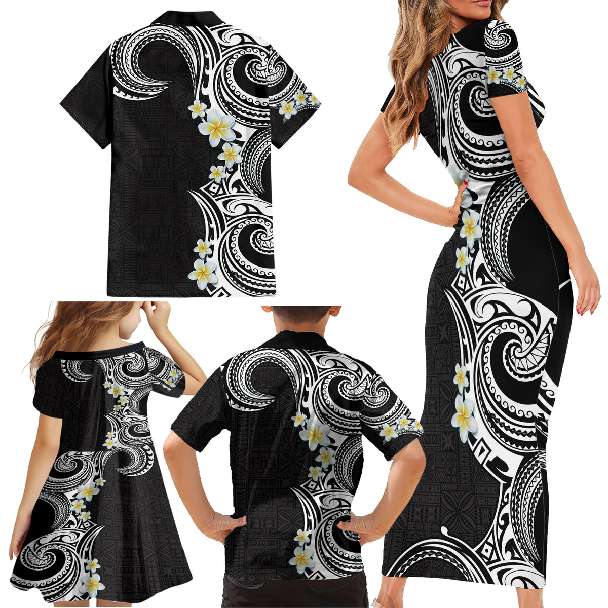 Aloha Polynesian Plumeria Flower Family Matching Short Sleeve Bodycon Dress and Hawaiian Shirt Black White Color LT03 - Polynesian Pride