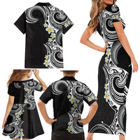 Aloha Polynesian Plumeria Flower Family Matching Short Sleeve Bodycon Dress and Hawaiian Shirt Black White Color LT03 - Polynesian Pride