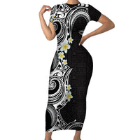 Aloha Polynesian Plumeria Flower Family Matching Short Sleeve Bodycon Dress and Hawaiian Shirt Black White Color LT03 Mom's Dress Black - Polynesian Pride