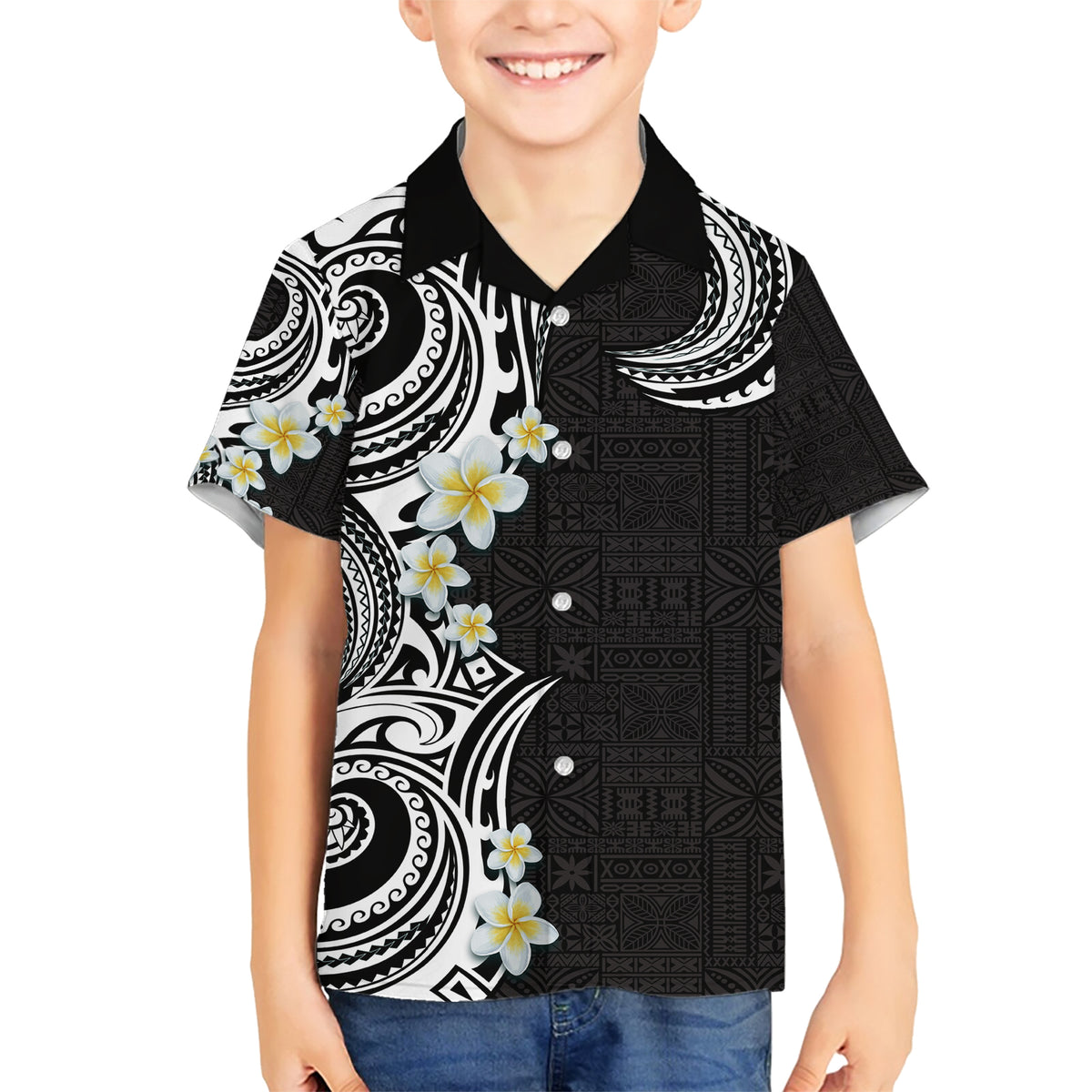 Aloha Polynesian Plumeria Flower Family Matching Short Sleeve Bodycon Dress and Hawaiian Shirt Black White Color LT03 Son's Shirt Black - Polynesian Pride