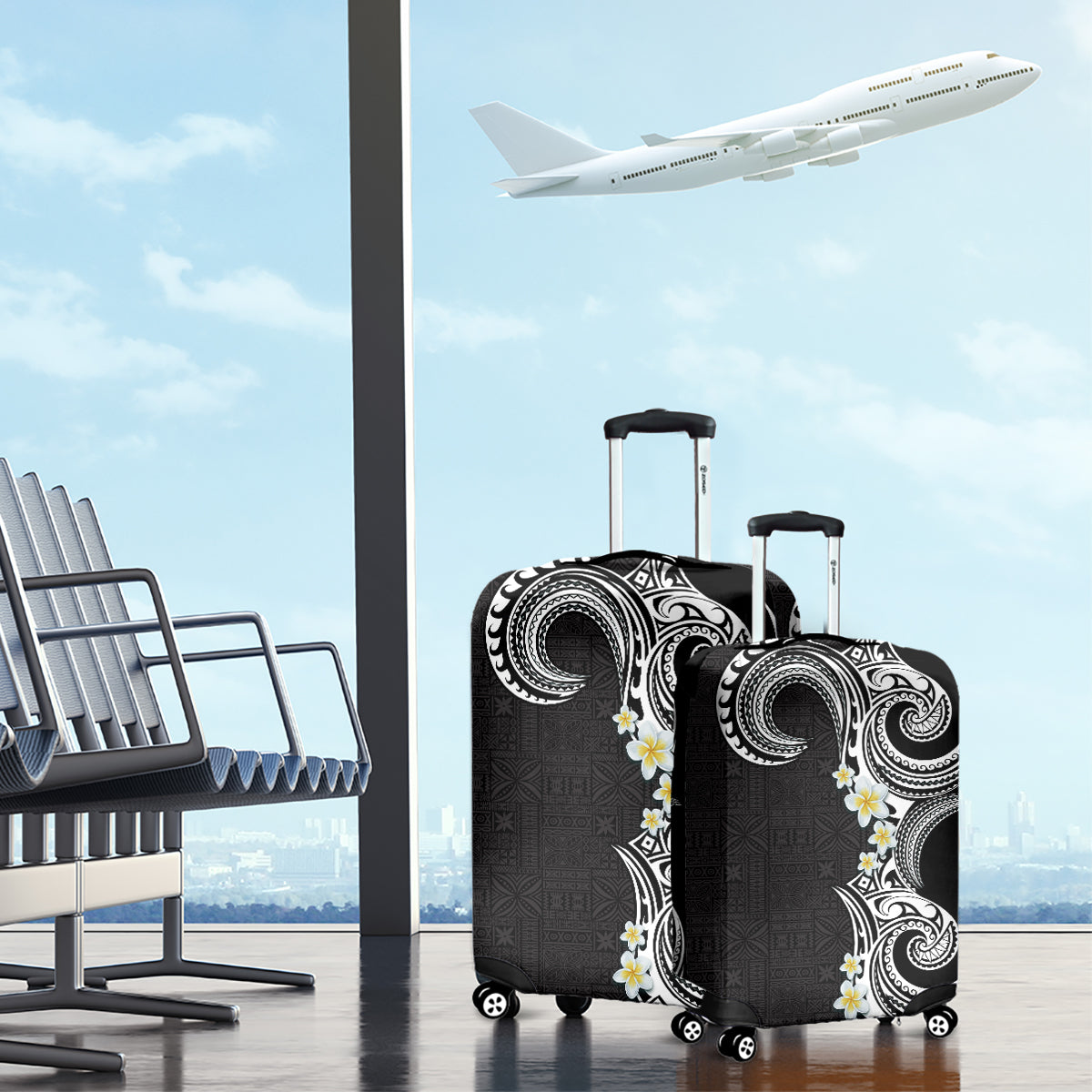 Aloha Polynesian Plumeria Flower Luggage Cover Black White Color