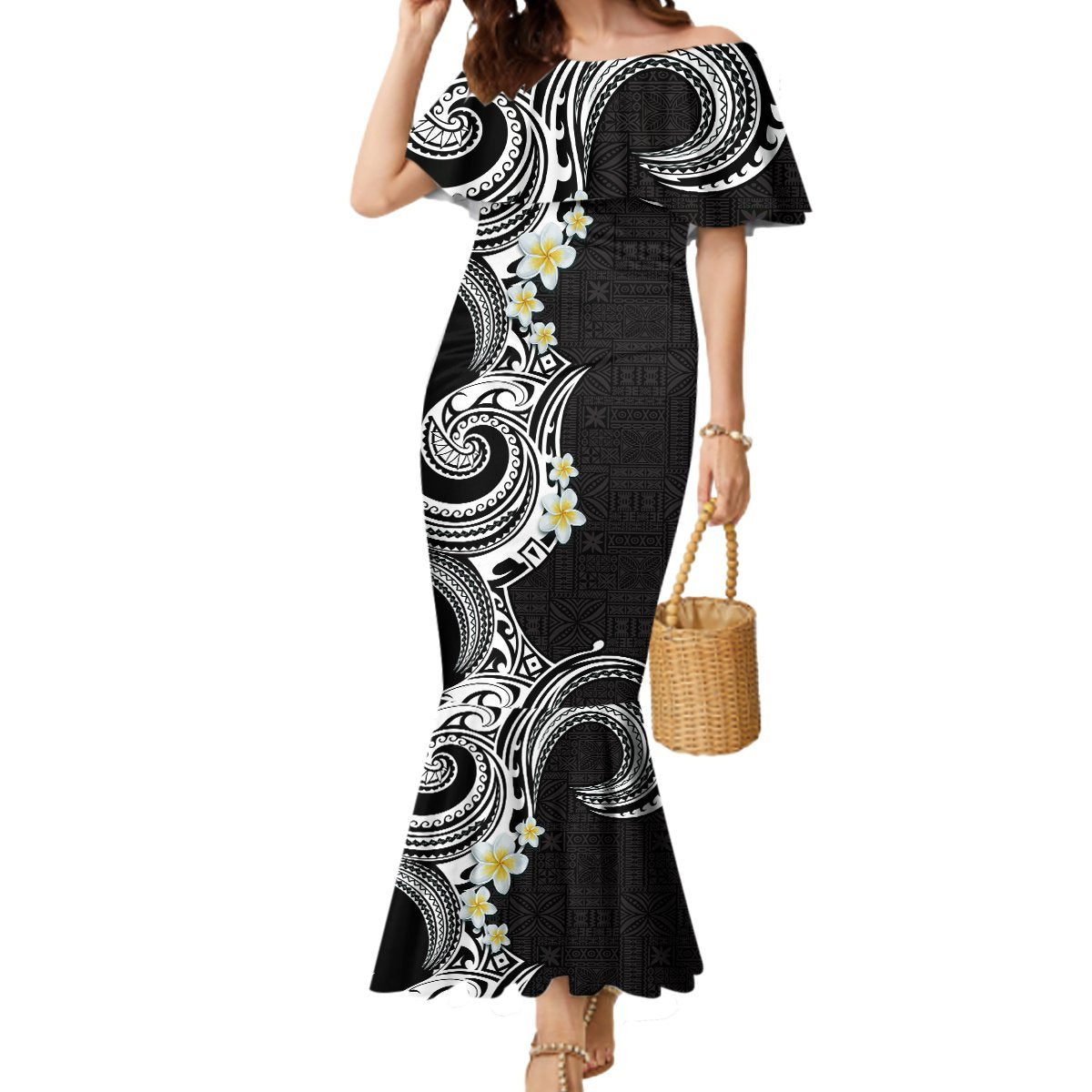 Aloha Polynesian Plumeria Flower Mermaid Dress Black White Color LT03 Women Black - Polynesian Pride