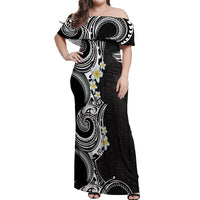 Aloha Polynesian Plumeria Flower Off Shoulder Maxi Dress Black White Color