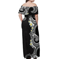 Aloha Polynesian Plumeria Flower Off Shoulder Maxi Dress Black White Color