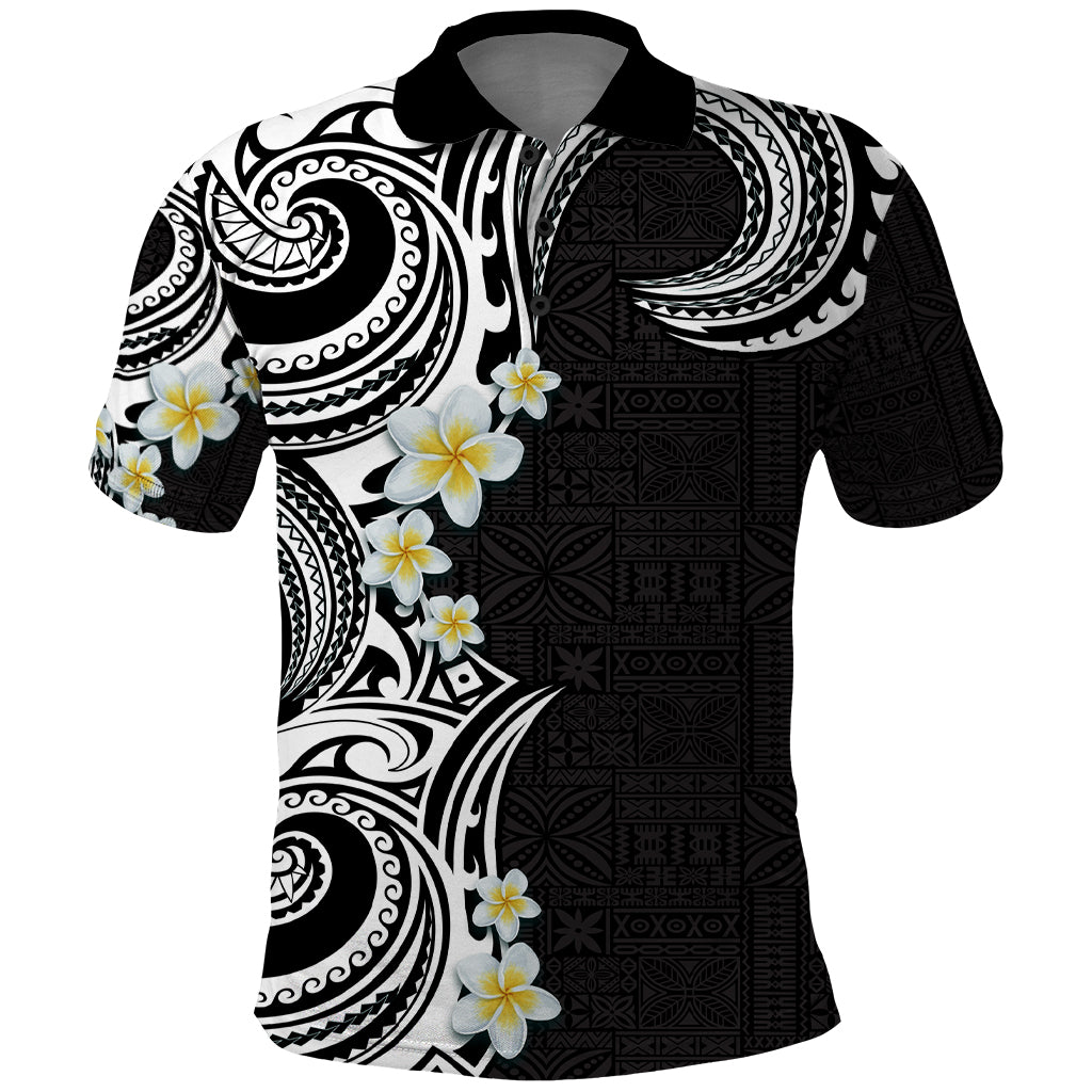 Aloha Polynesian Plumeria Flower Polo Shirt Black White Color