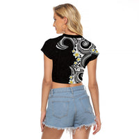 Aloha Polynesian Plumeria Flower Raglan Cropped T Shirt Black White Color