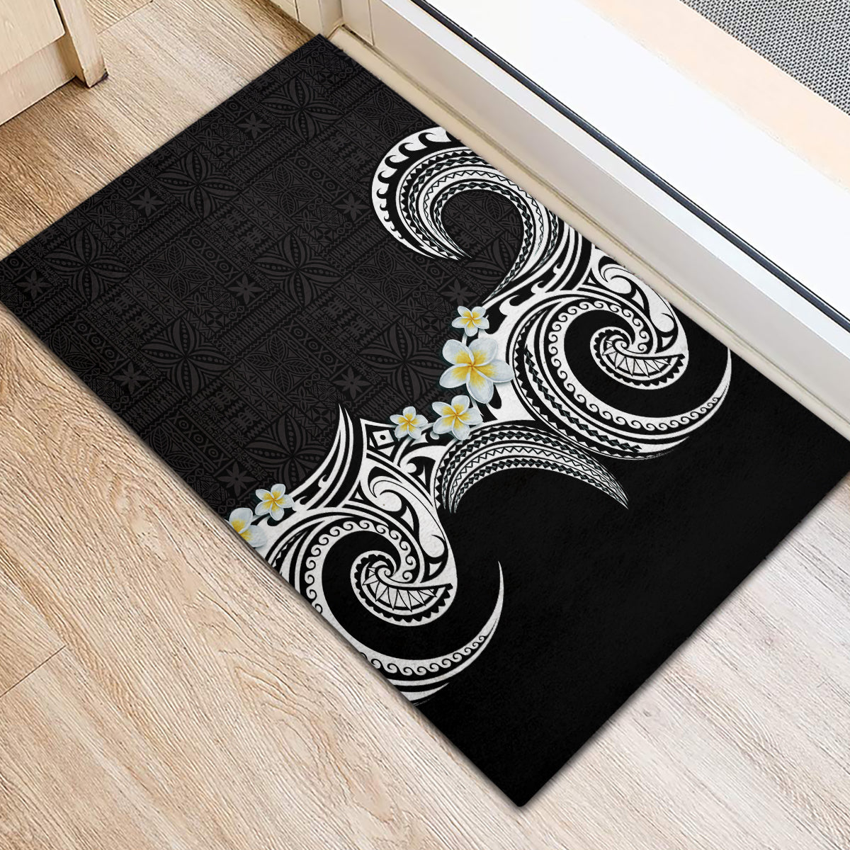 Aloha Polynesian Plumeria Flower Rubber Doormat Black White Color