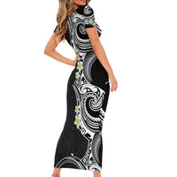 Aloha Polynesian Plumeria Flower Short Sleeve Bodycon Dress Black White Color