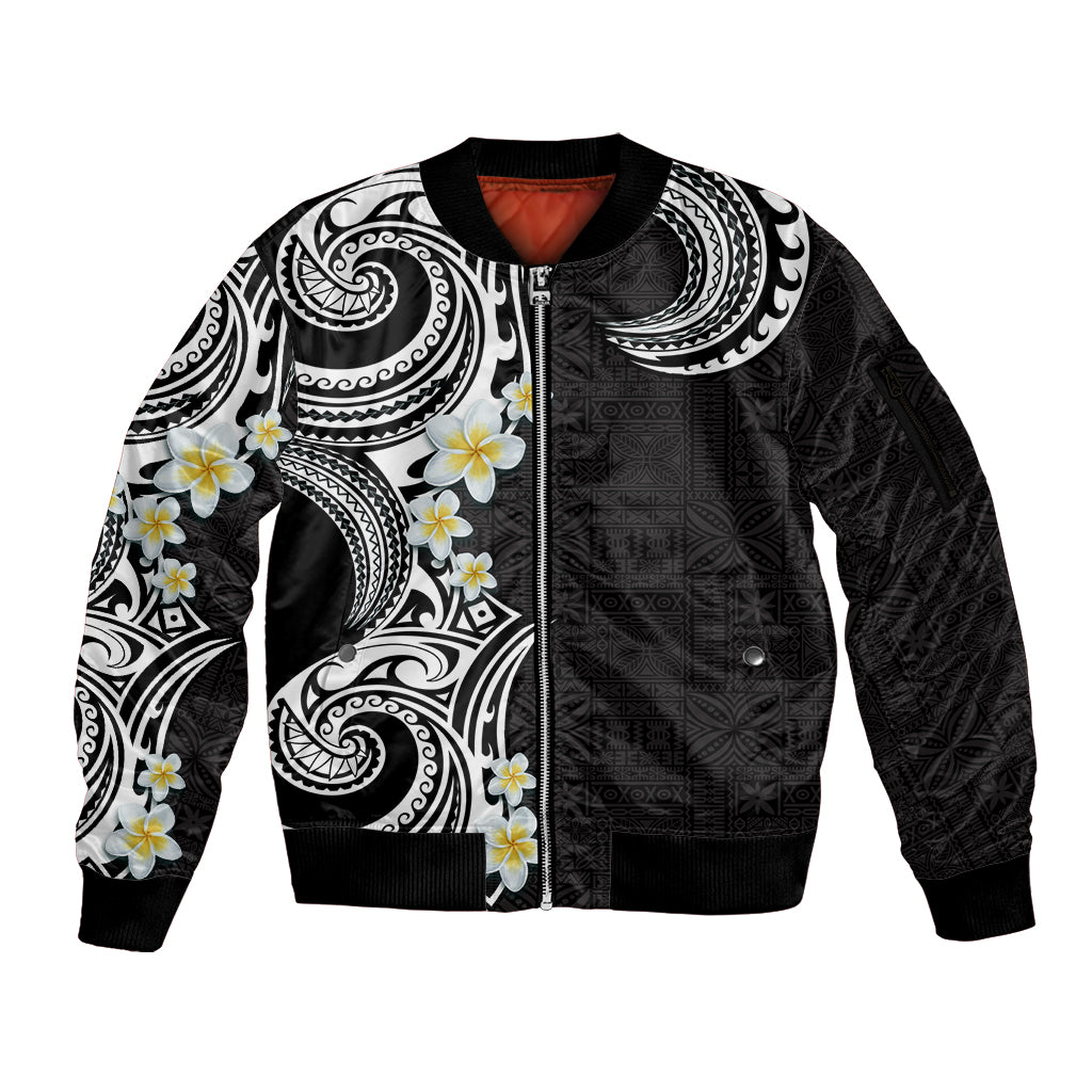 Aloha Polynesian Plumeria Flower Sleeve Zip Bomber Jacket Black White Color LT03 Unisex Black - Polynesian Pride