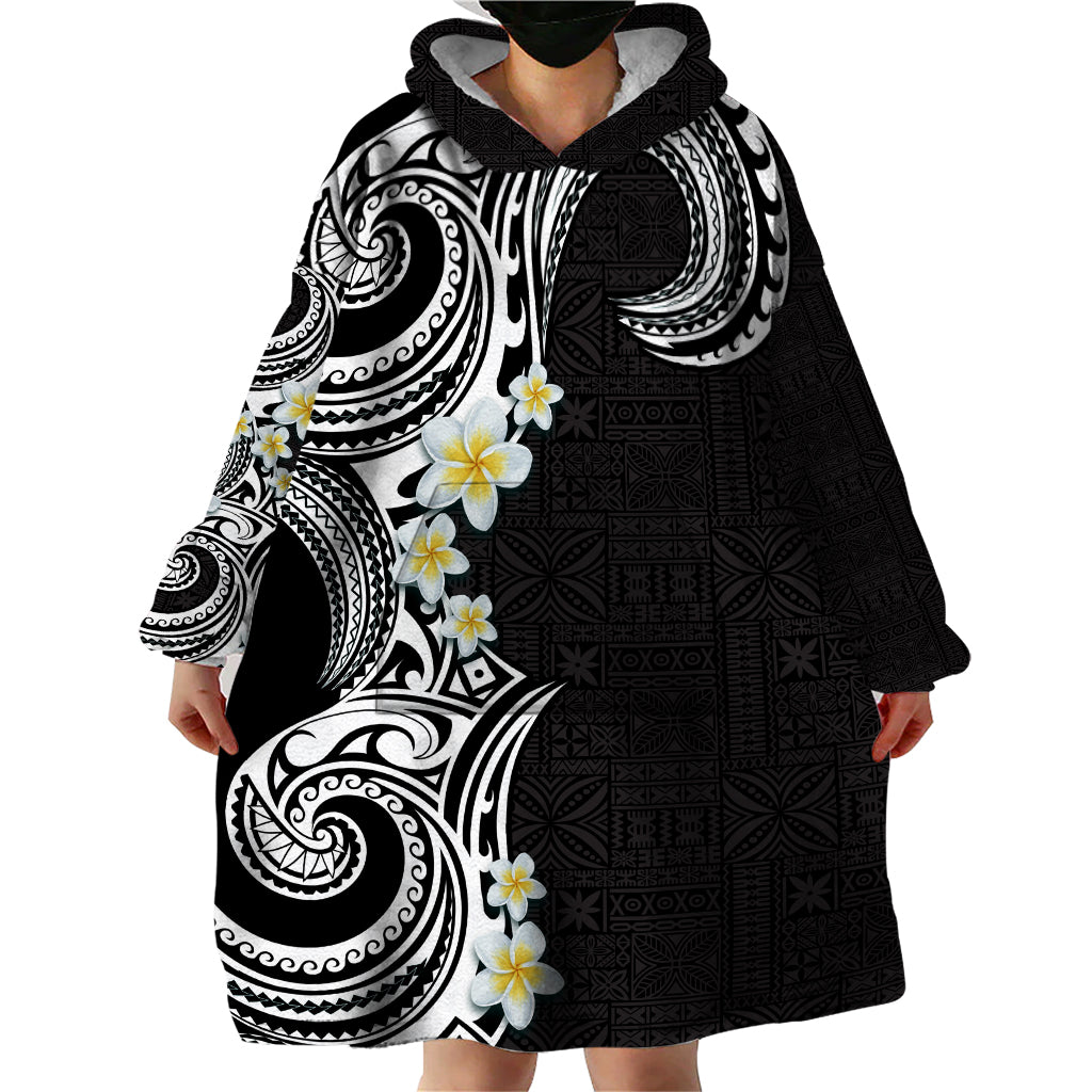 Aloha Polynesian Plumeria Flower Wearable Blanket Hoodie Black White Color
