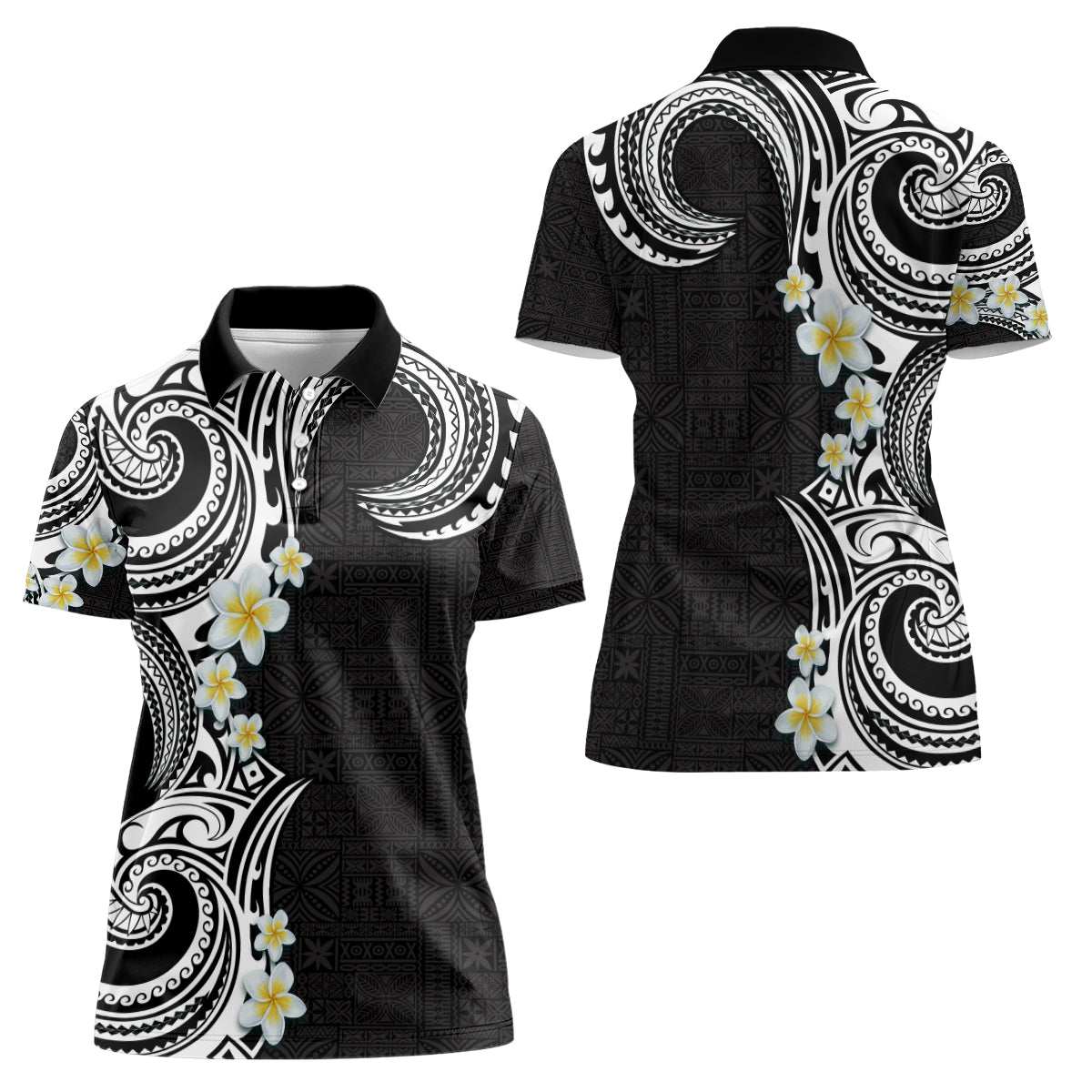 Aloha Polynesian Plumeria Flower Women Polo Shirt Black White Color