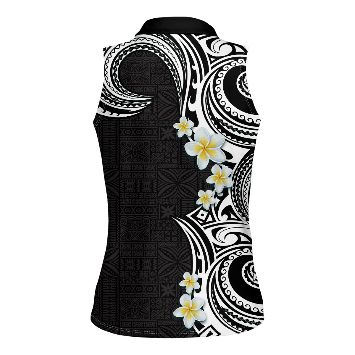 Aloha Polynesian Plumeria Flower Women Sleeveless Polo Shirt Black White Color