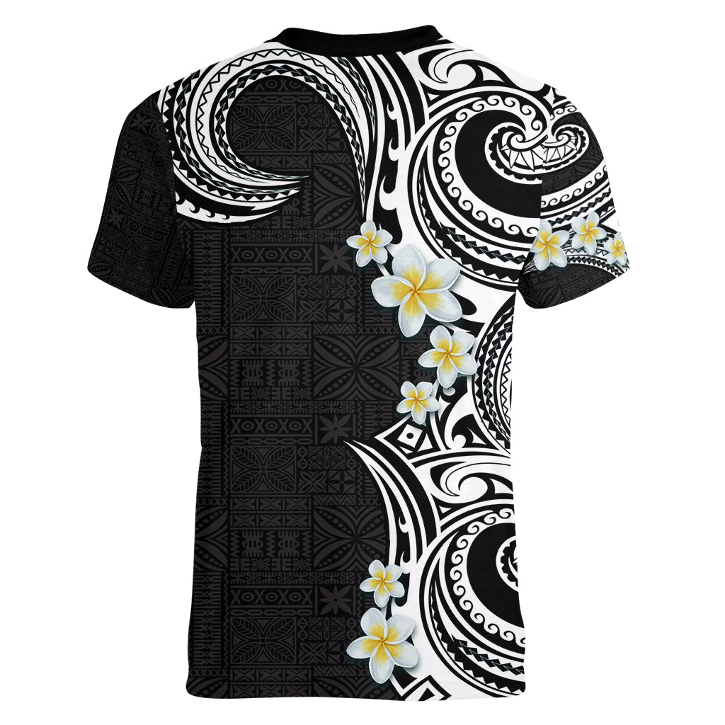 Aloha Polynesian Plumeria Flower Women V-Neck T-Shirt Black White Color