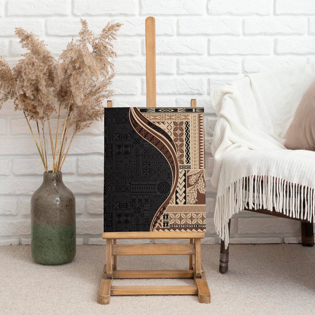 Samoa Siapo Motif and Tapa Pattern Half Style Canvas Wall Art Beige Color