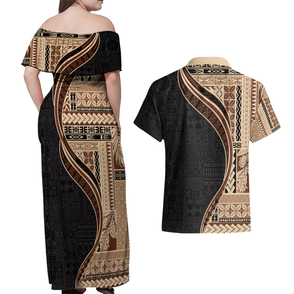 Samoa Siapo Motif and Tapa Pattern Half Style Couples Matching Off Shoulder Maxi Dress and Hawaiian Shirt Beige Color