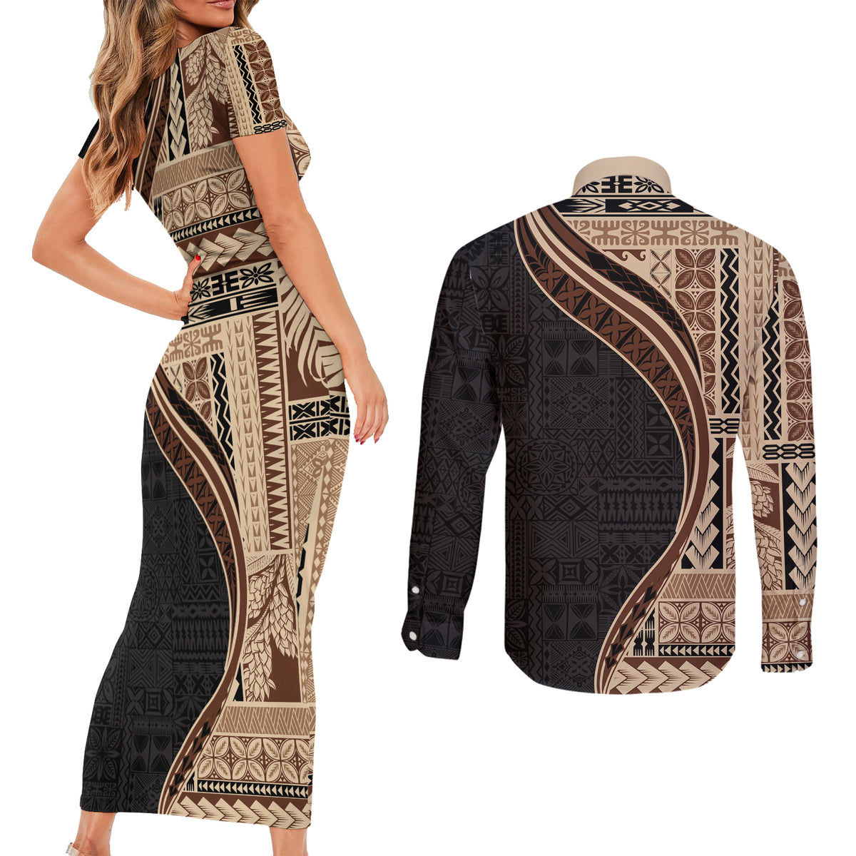 Samoa Siapo Motif and Tapa Pattern Half Style Couples Matching Short Sleeve Bodycon Dress and Long Sleeve Button Shirt Beige Color