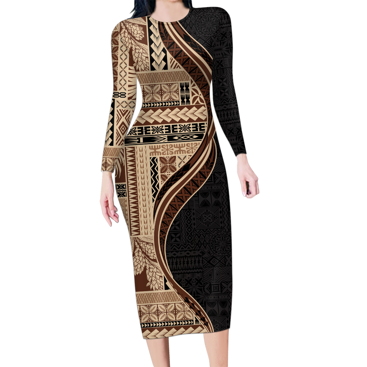 Samoa Siapo Motif and Tapa Pattern Half Style Family Matching Long Sleeve Bodycon Dress and Hawaiian Shirt Beige Color