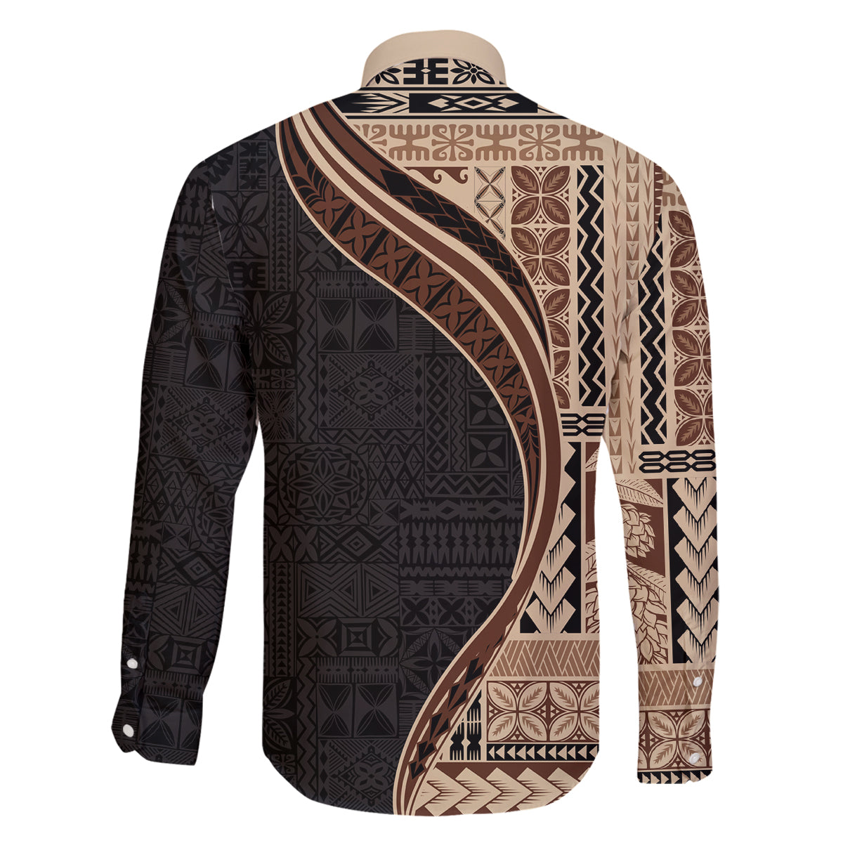 Samoa Siapo Motif and Tapa Pattern Half Style Family Matching Off Shoulder Maxi Dress and Hawaiian Shirt Beige Color