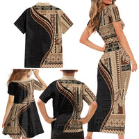 Samoa Siapo Motif and Tapa Pattern Half Style Family Matching Short Sleeve Bodycon Dress and Hawaiian Shirt Beige Color