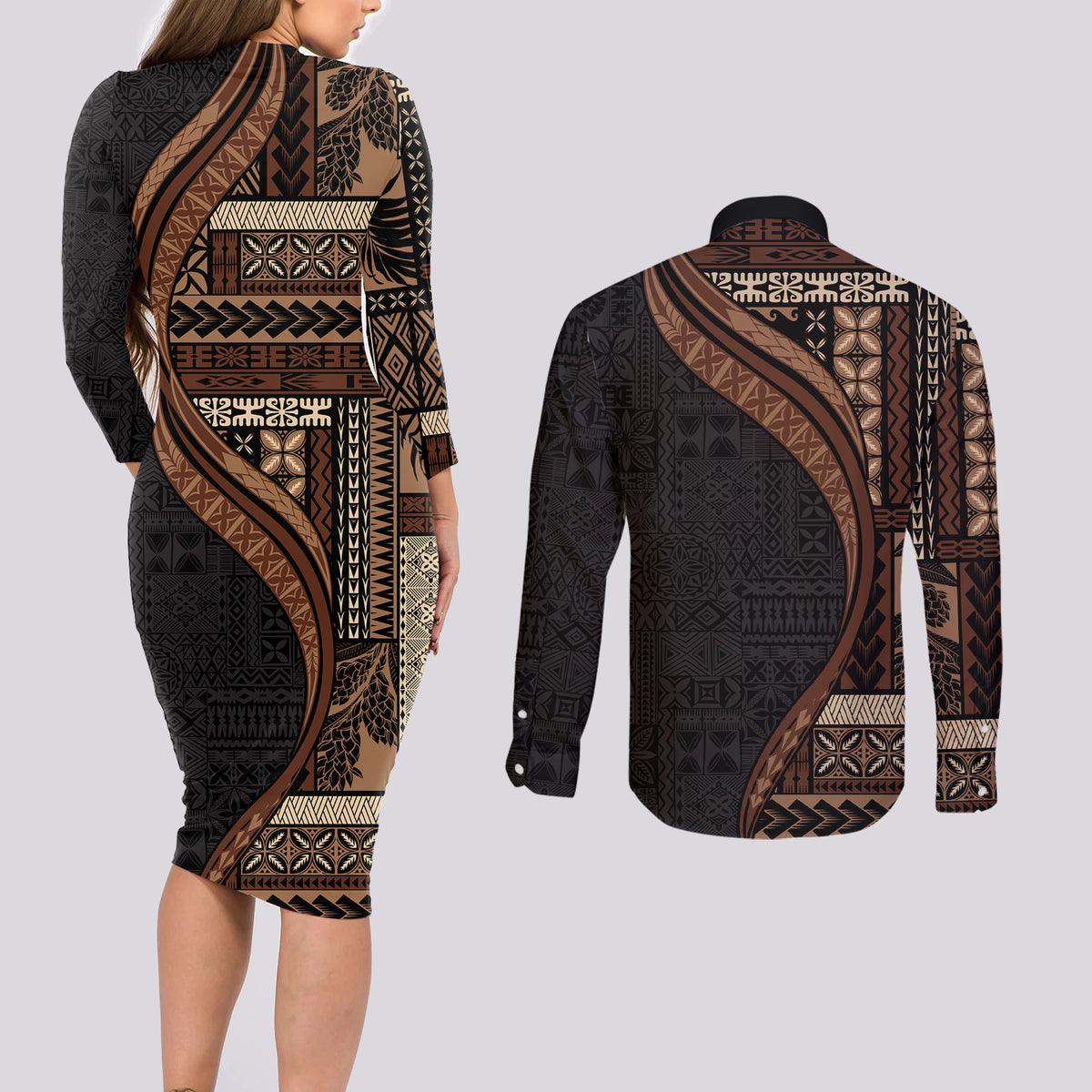 Samoa Siapo Motif and Tapa Pattern Half Style Couples Matching Long Sleeve Bodycon Dress and Long Sleeve Button Shirt Black Color