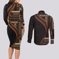 Samoa Siapo Motif and Tapa Pattern Half Style Couples Matching Long Sleeve Bodycon Dress and Long Sleeve Button Shirt Black Color