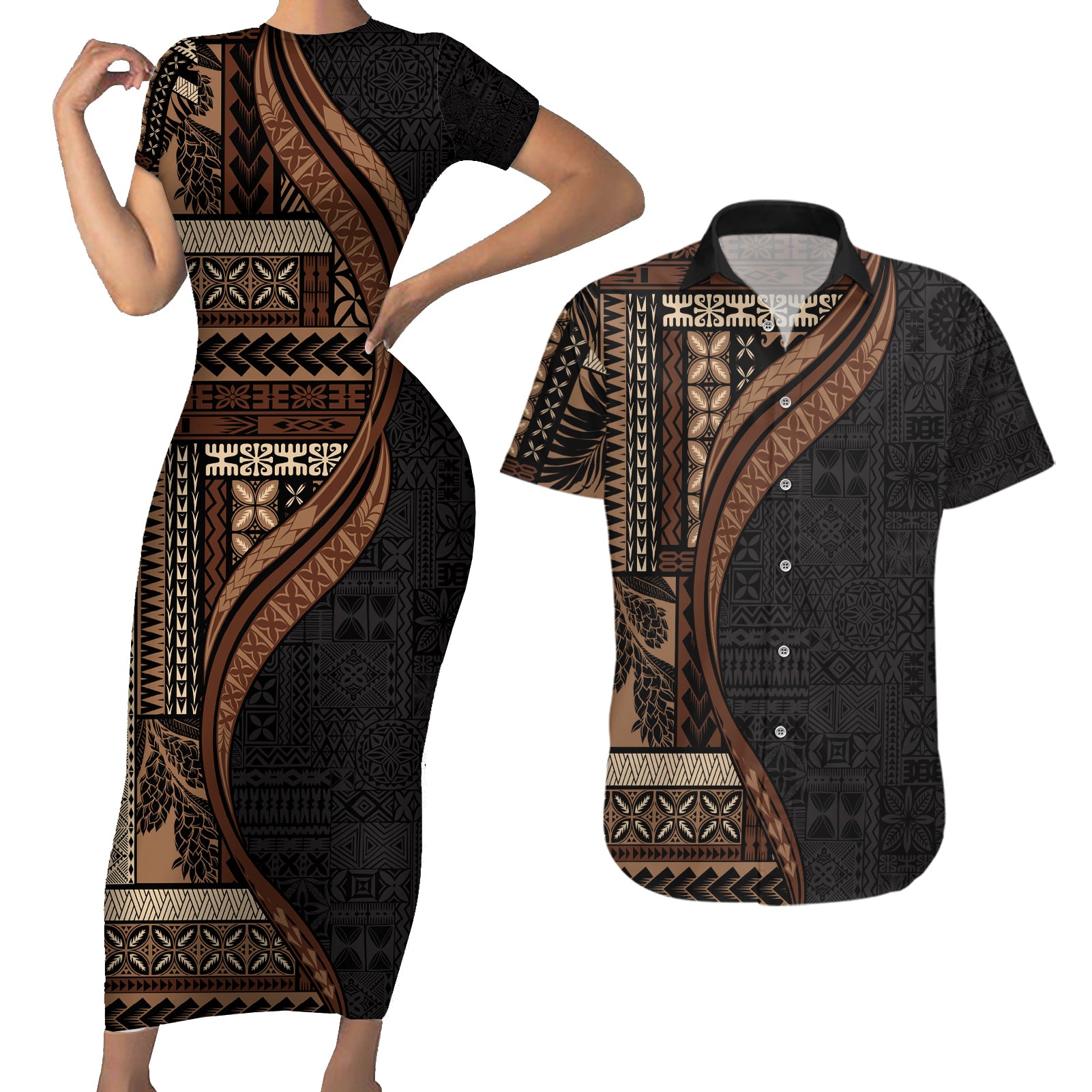 Samoa Siapo Motif and Tapa Pattern Half Style Couples Matching Short Sleeve Bodycon Dress and Hawaiian Shirt Black Color