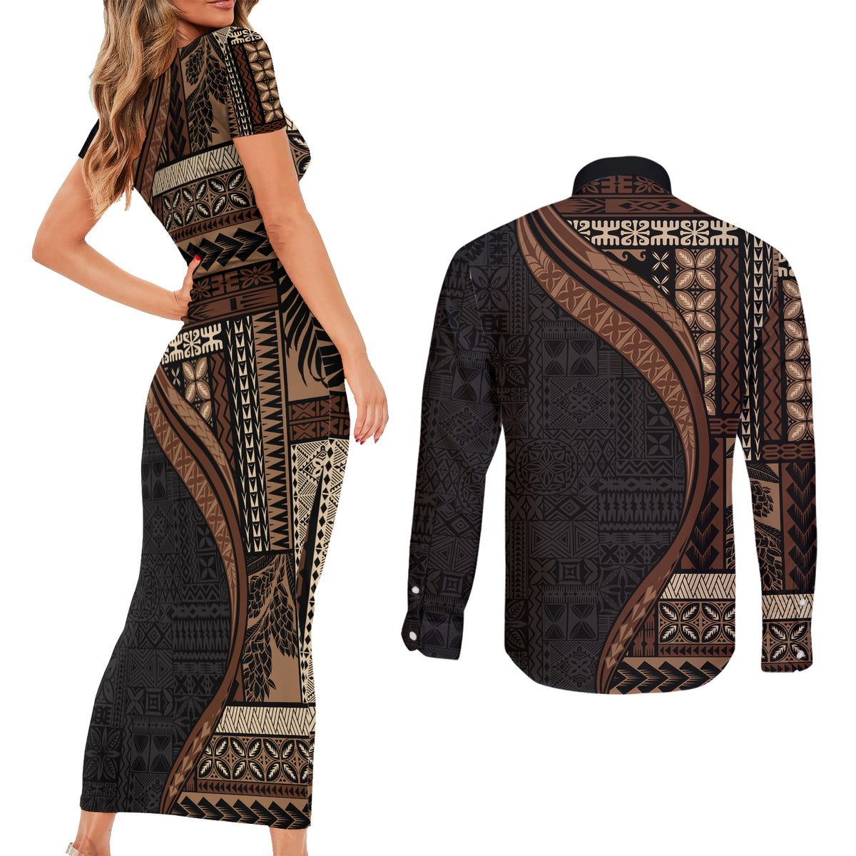 Samoa Siapo Motif and Tapa Pattern Half Style Couples Matching Short Sleeve Bodycon Dress and Long Sleeve Button Shirt Black Color