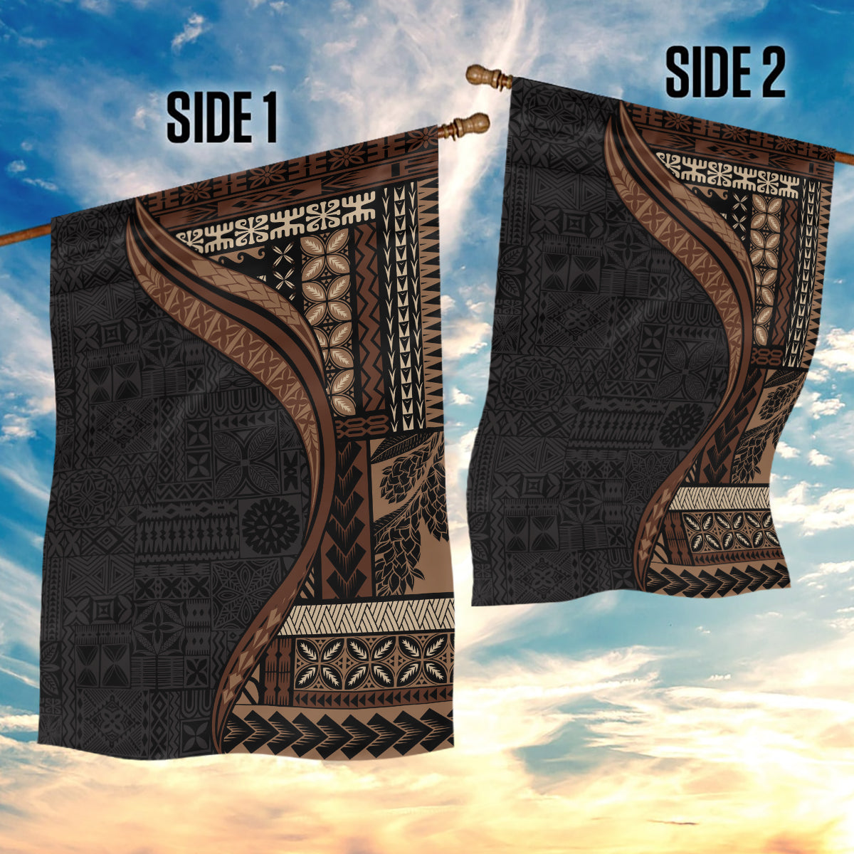Samoa Siapo Motif and Tapa Pattern Half Style Garden Flag Black Color