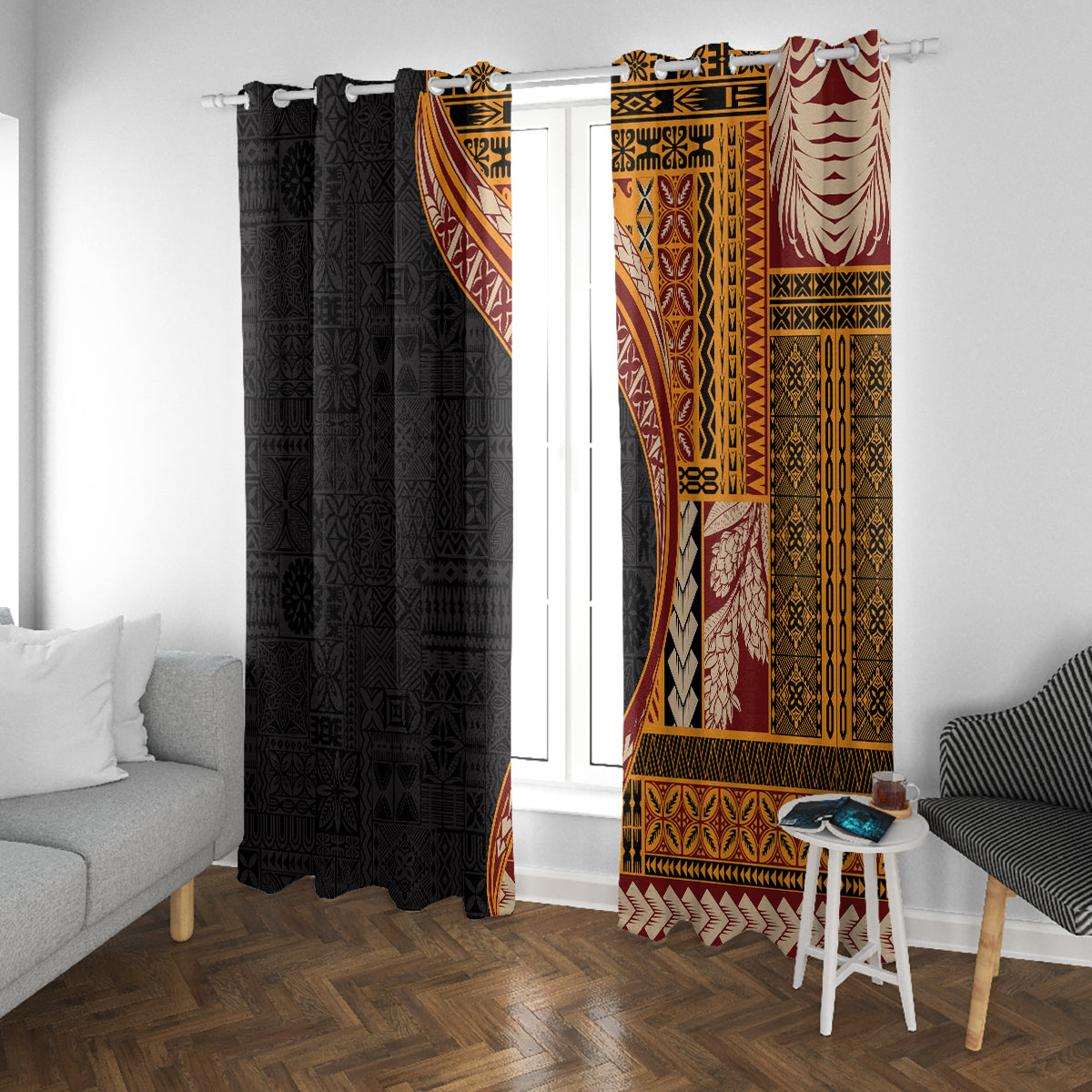 Samoa Siapo Motif and Tapa Pattern Half Style Window Curtain Yellow Color